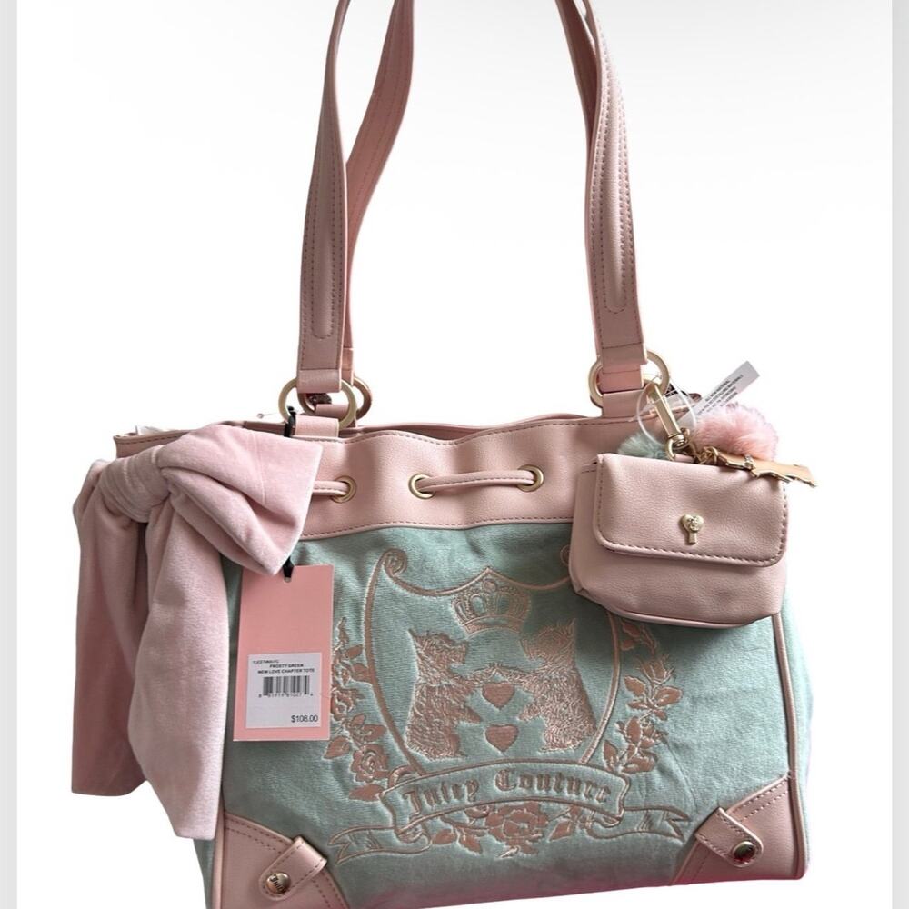 JUICY COUTURE VINTAGE SCOTTIE DOGS FROSTY GREEN NEW LOVE CHAPTER VELOUR TOTE NWT - Picture 6 of 11